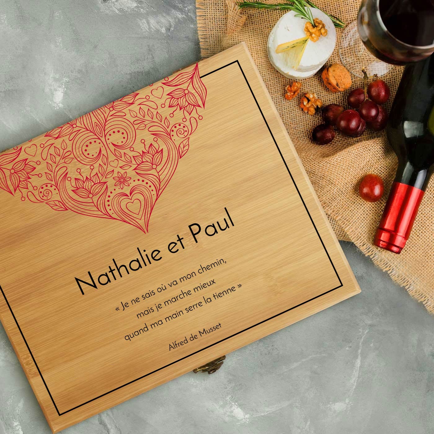 Murrano Wine Accessory Set with Custom Bamboo Wood Box - For Him and Her