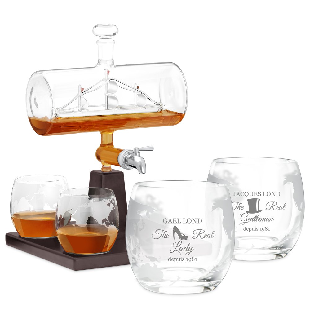 Set de jarra de whisky Murrano con barco y 4 vasos para una pareja casada