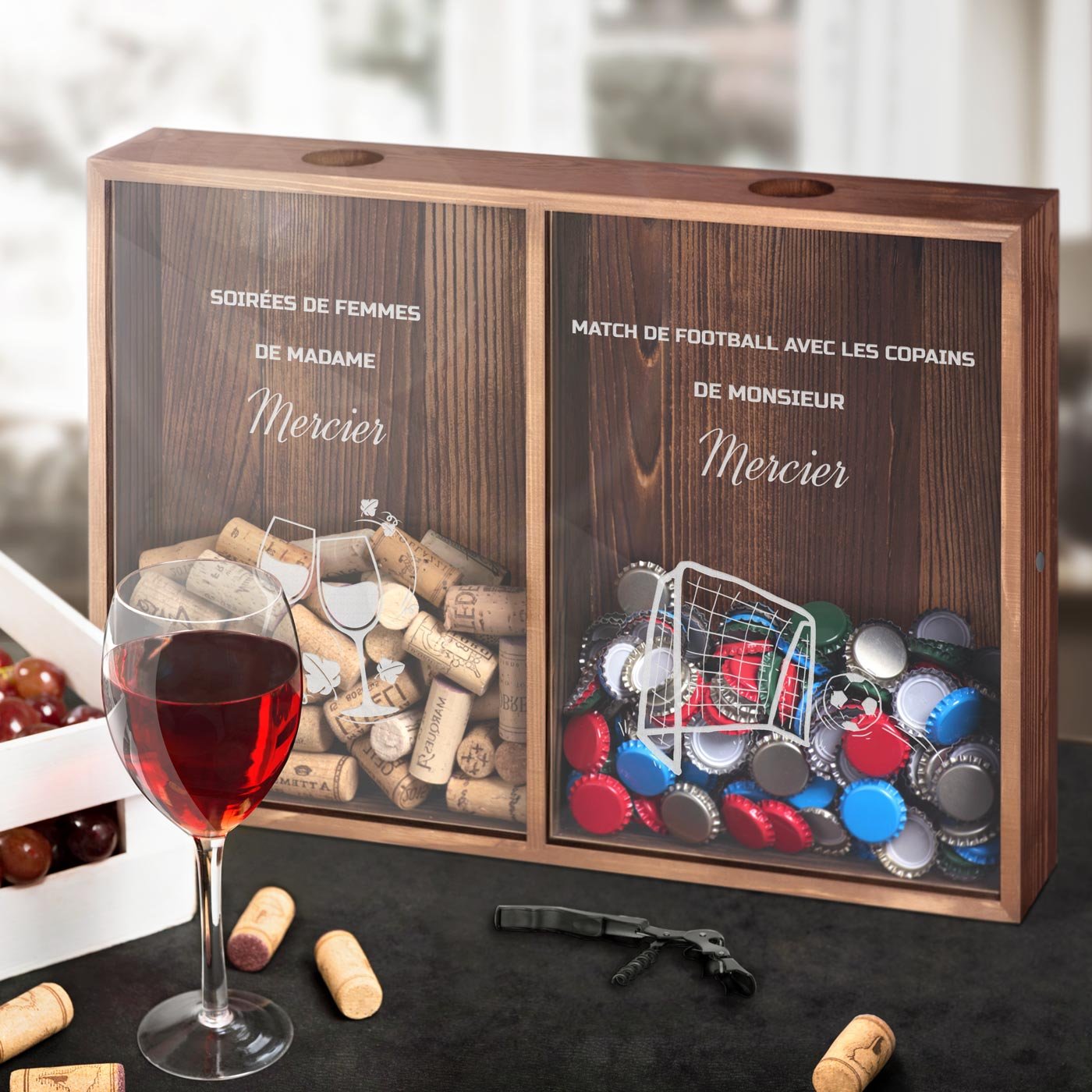 Colector de tapones de vino y cerveza personalizado de Murrano para parejas