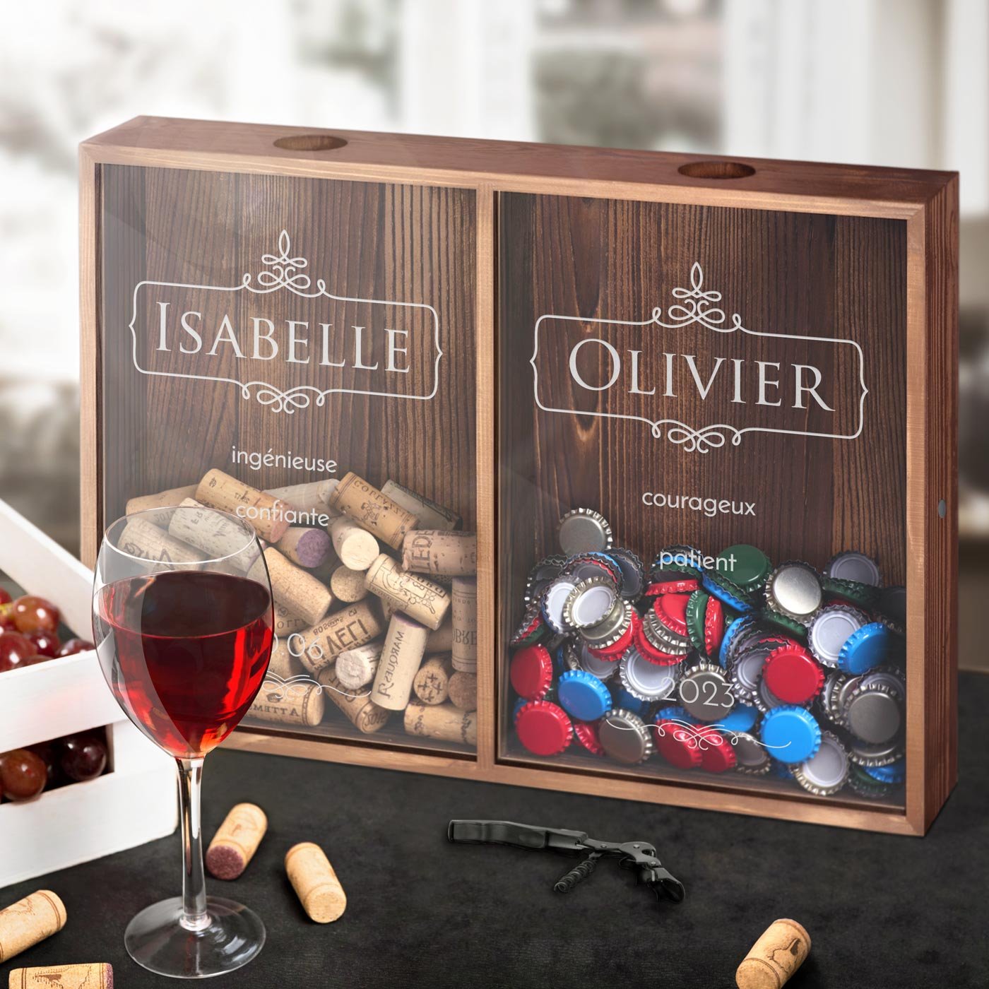 Coleccionador personalizado de tapones de vino y cerveza Murrano para recién casados