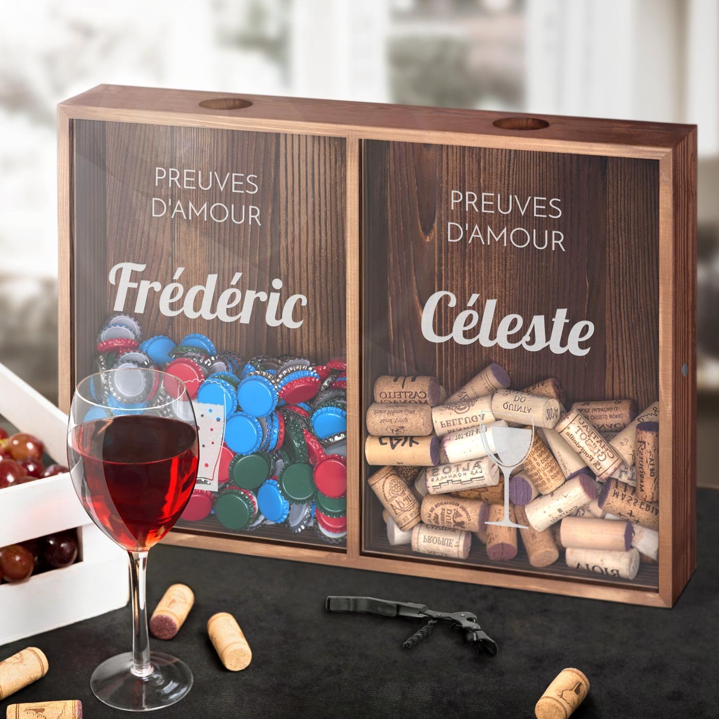 Recolector de tapones de vino y cerveza personalizado de Murrano para él y ella