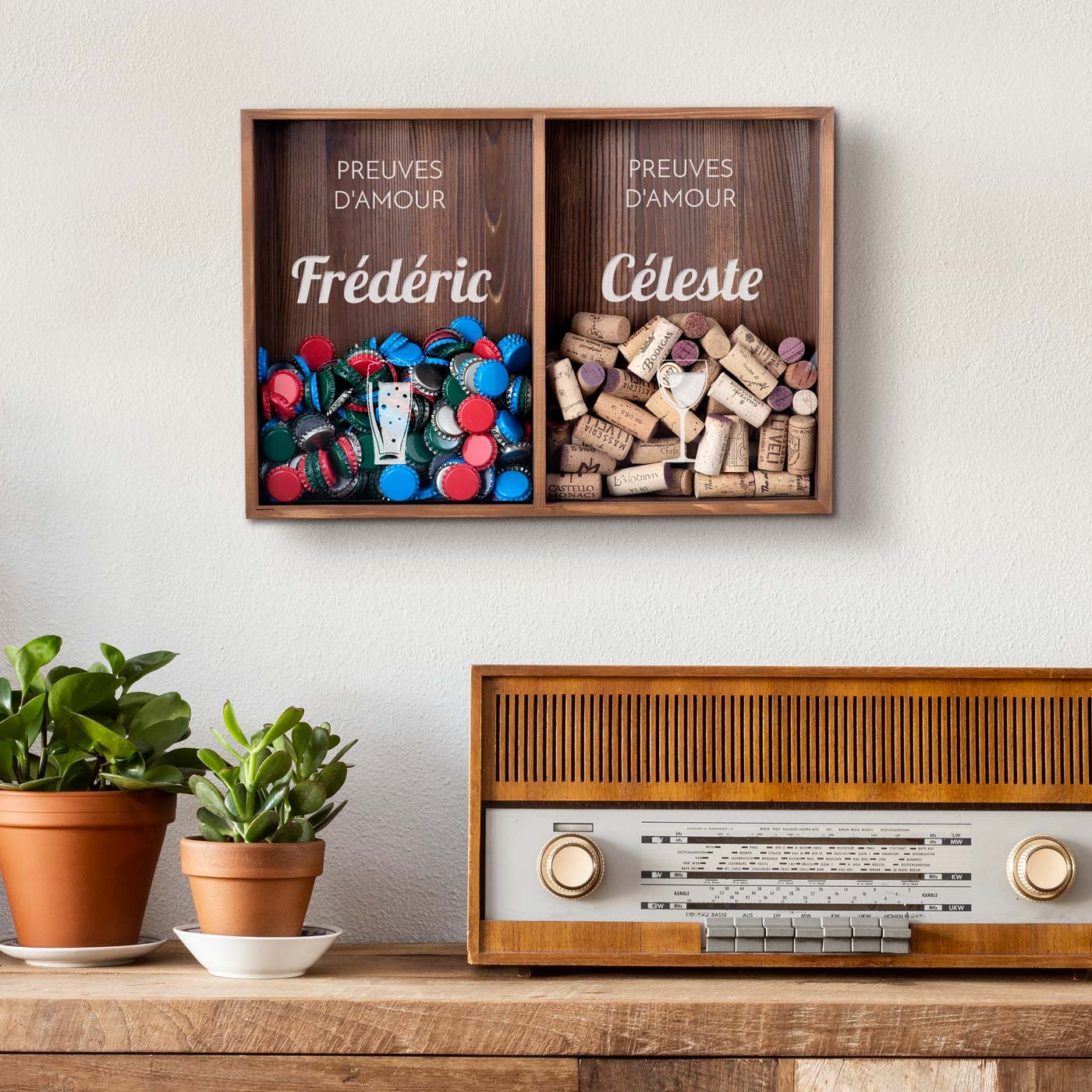 Recolector de tapones de vino y cerveza personalizado de Murrano para él y ella