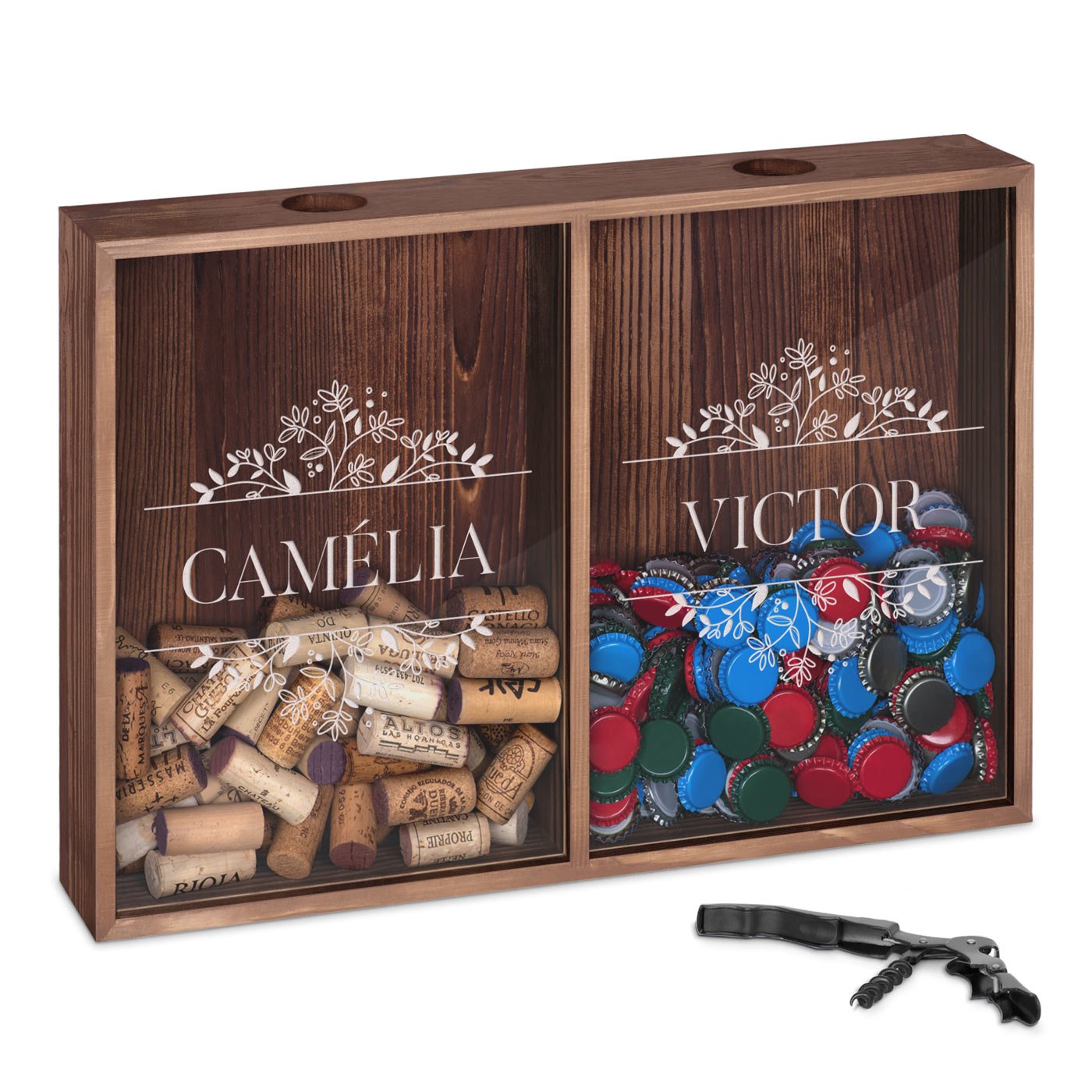Caja coleccionadora de tapones y cápsulas personalizada Murrano para una fiesta de bodas