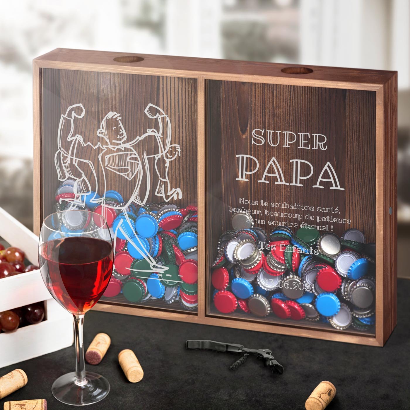 Recolector de tapones de vino y cerveza personalizado para papá