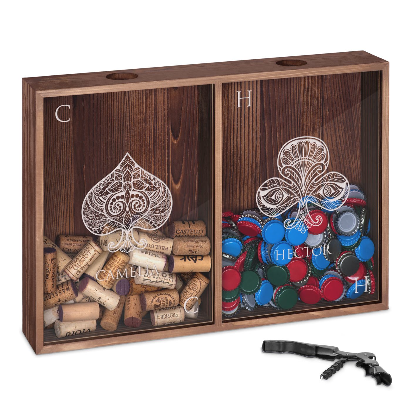 Recolector de tapones de vino y cerveza personalizado Murrano para parejas con temática de juegos de cartas