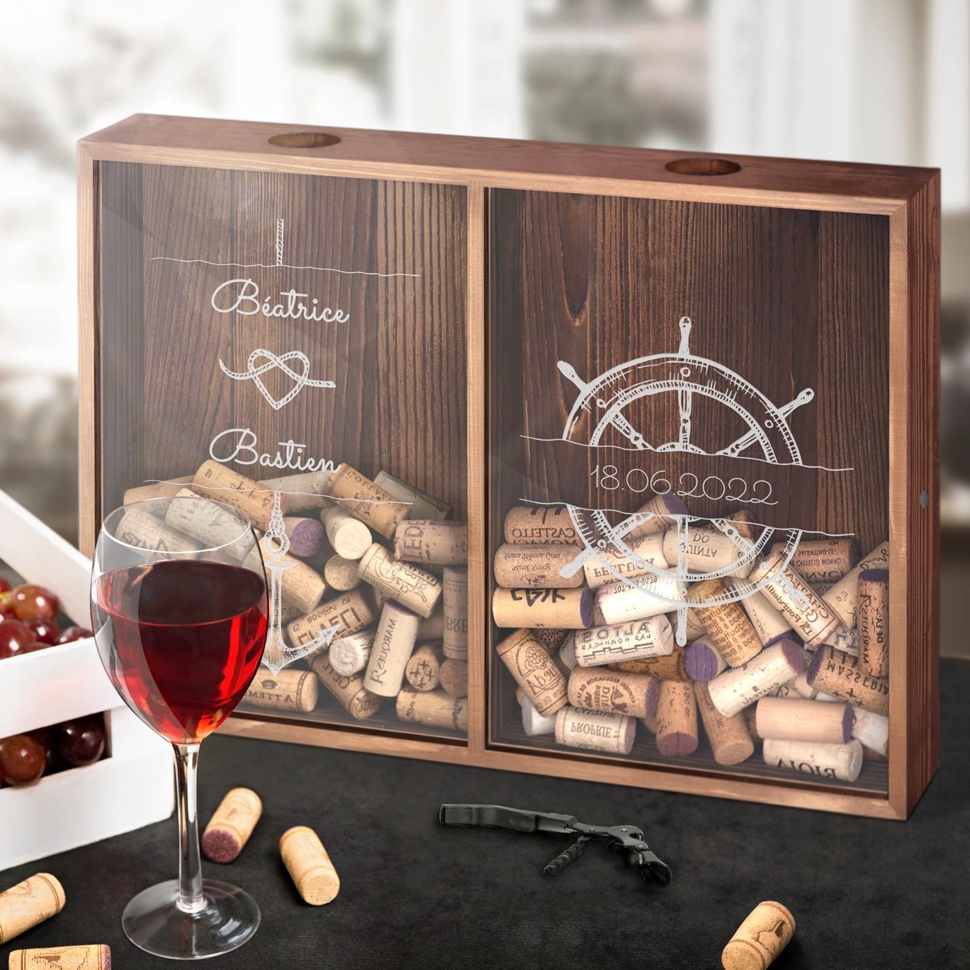 Recolector de tapones personalizado de vino y cerveza Murrano para amantes de los viajes