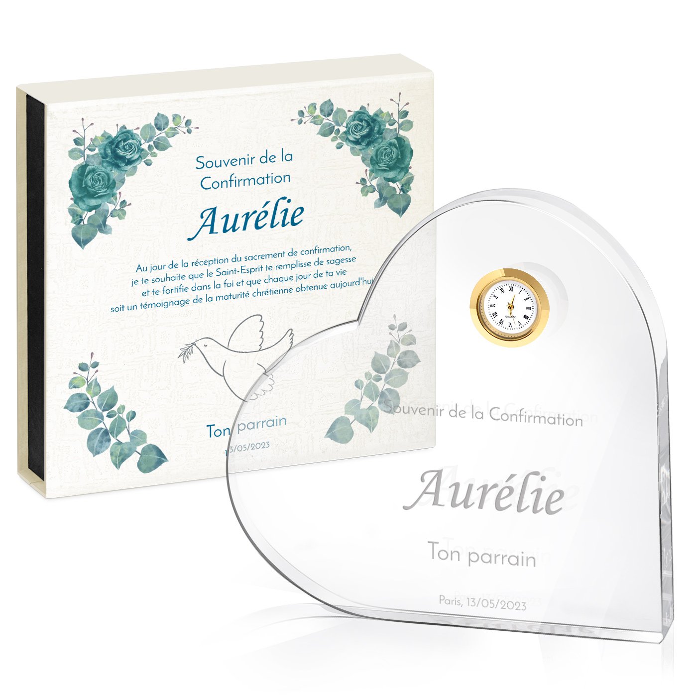 Cœur en cristal Murrano avec montre dans coffret personnalisé - Souvenir de communion pour fille