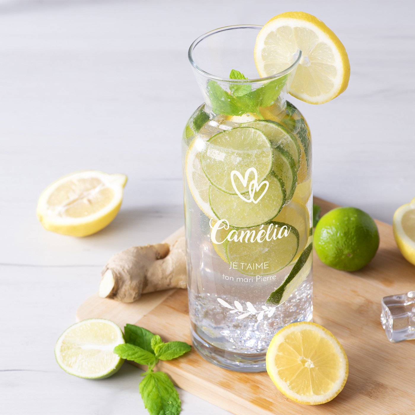 Jarra de agua de vidrio Murrano con grabado para mujer - Regalo para el Día de San Valentín