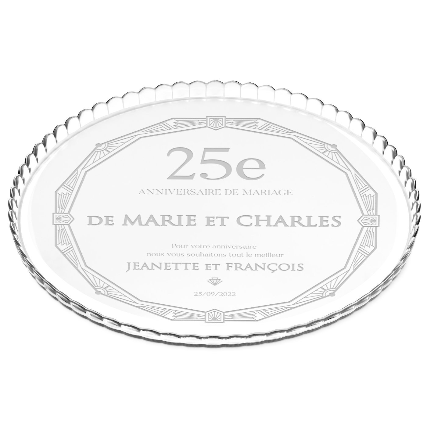 Présentoir à gâteau en verre Murrano avec gravure pour les 25 ans de mariage d'un couple