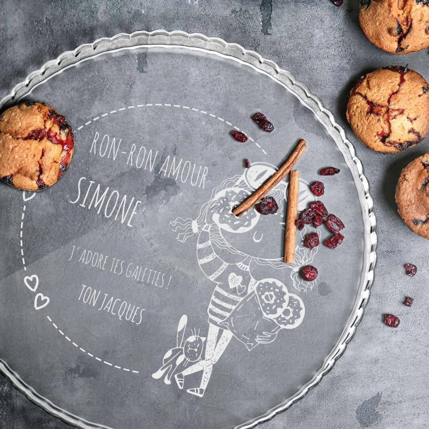 Présentoir à gâteau en verre Murrano avec gravure pour femme pour la Saint-Valentin