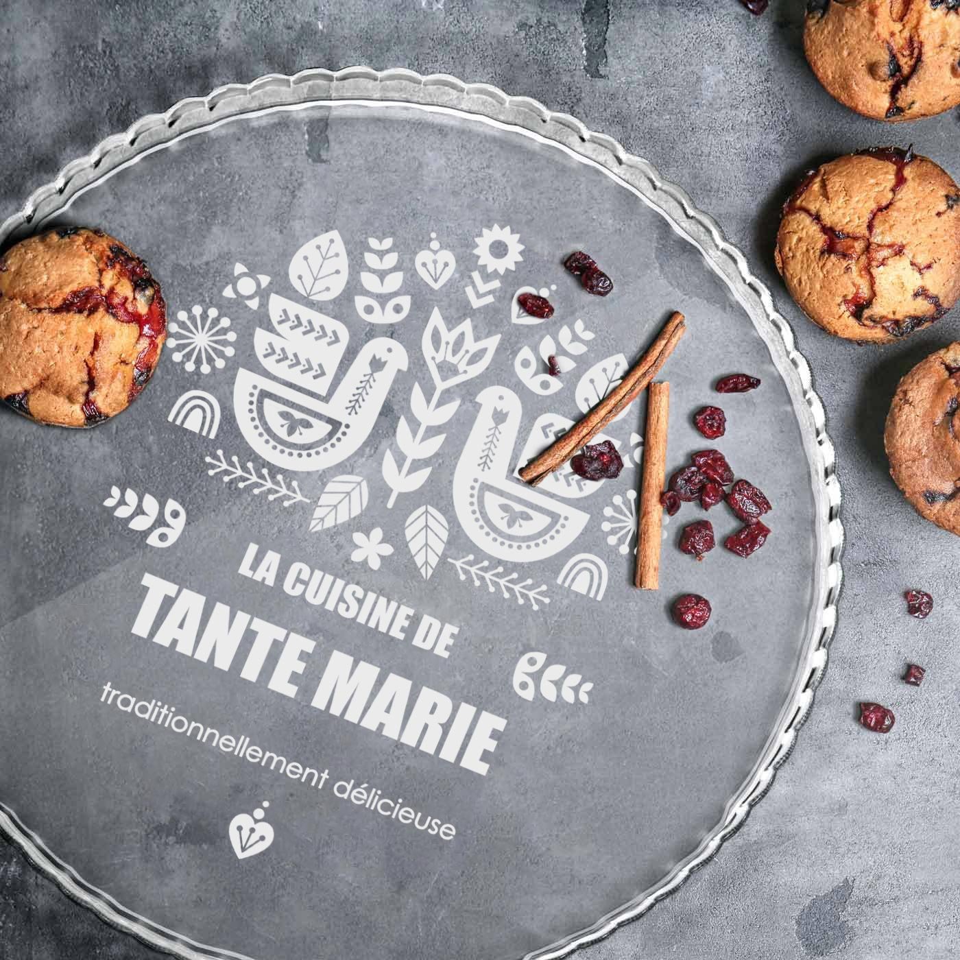 Présentoir à gâteau en verre Murrano avec gravure personnalisée pour l'anniversaire de votre tante