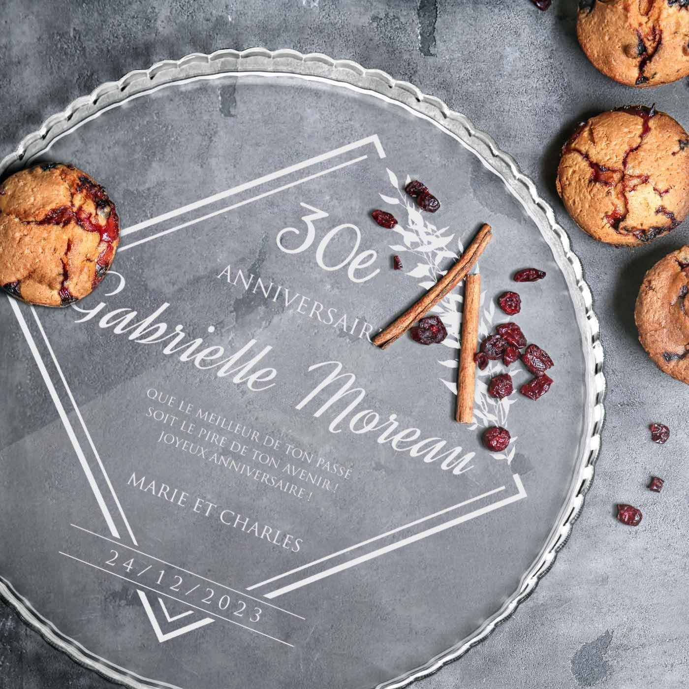 Présentoir à gâteau en verre personnalisé Murrano pour un anniversaire de 30 ans