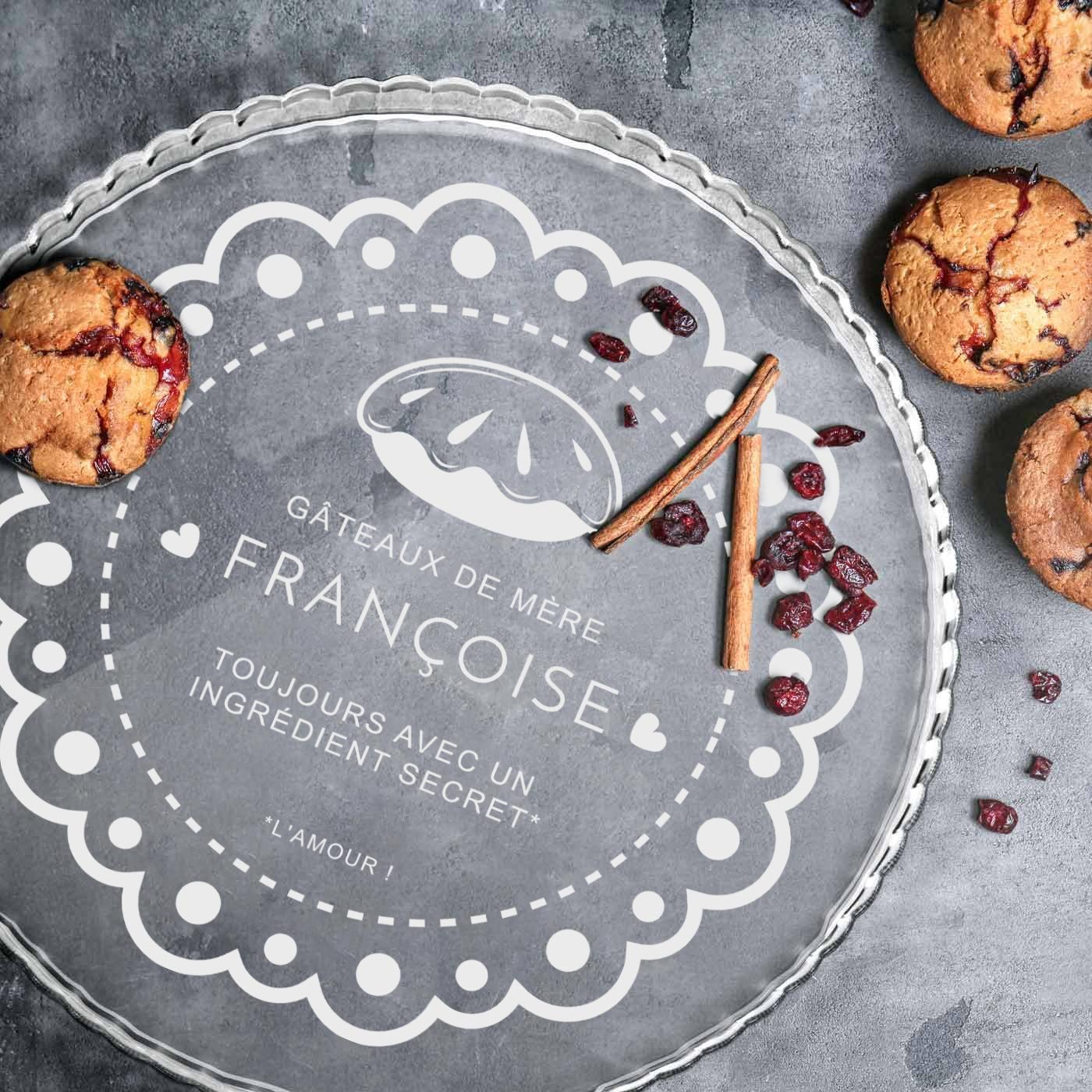 Présentoir à gâteau en verre personnalisé de Murrano pour l'anniversaire de maman