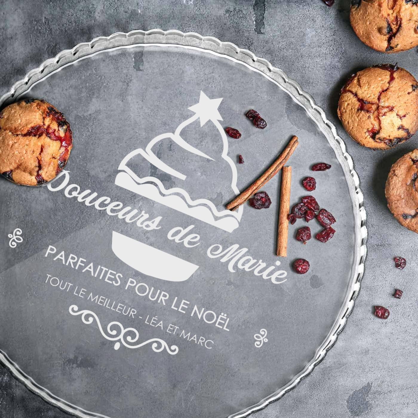 Présentoir à gâteau en verre Murrano avec gravure pour maman pour Noël