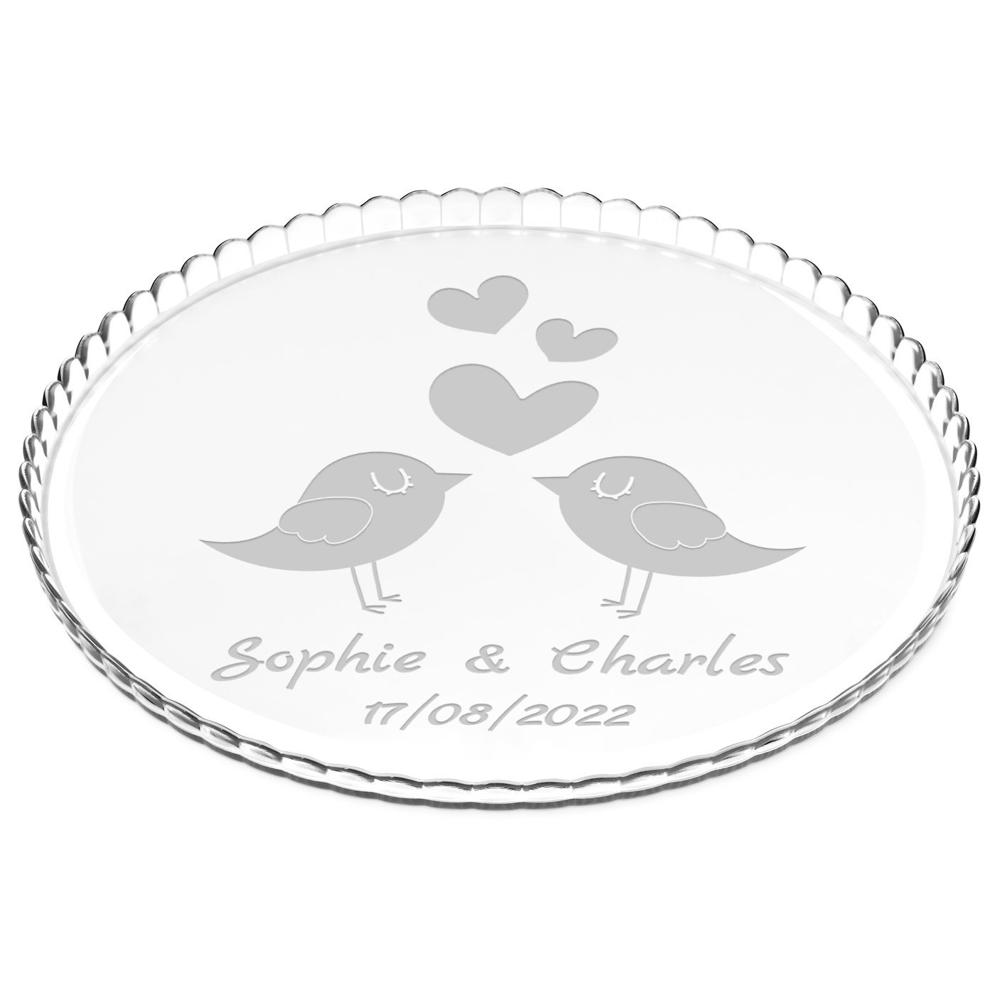Présentoir à gâteau en verre Murrano avec gravure pour lui et elle, mariage