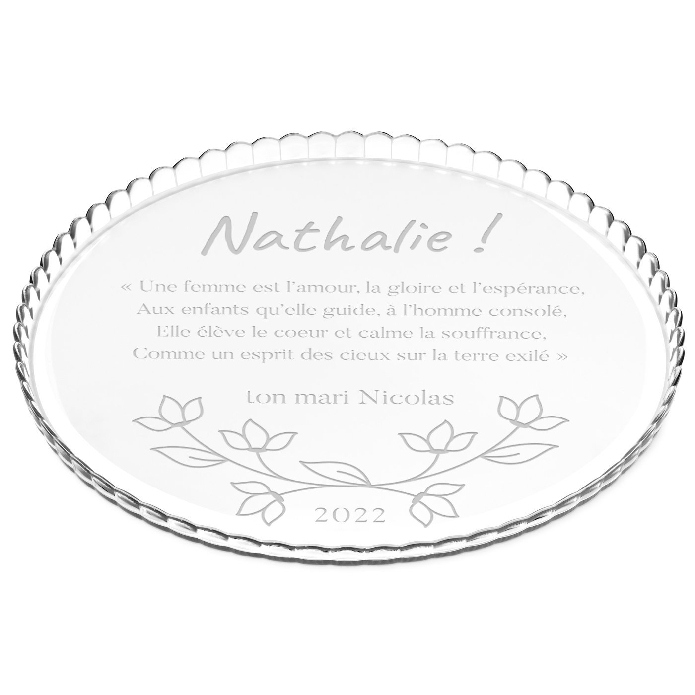 Présentoir à gâteau en verre Murrano avec gravure pour femme - Cadeau d'anniversaire de mariage