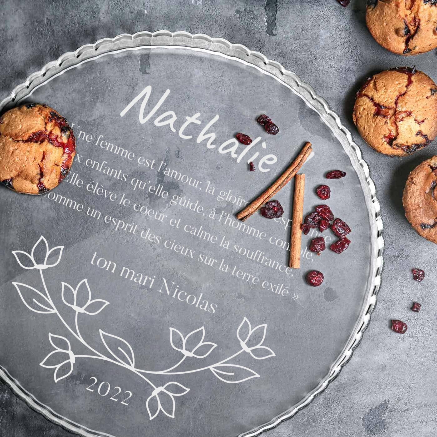 Présentoir à gâteau en verre Murrano avec gravure pour femme - Cadeau d'anniversaire de mariage