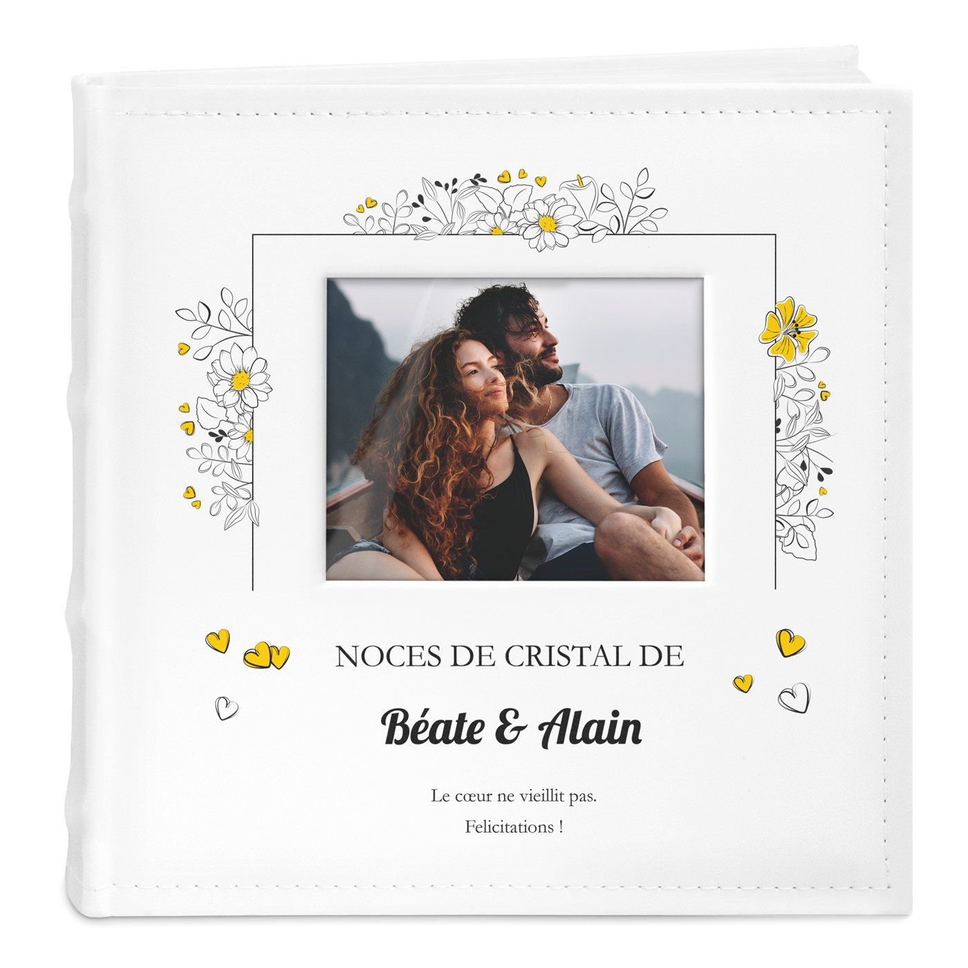 Álbum de fotos Murrano con ventana y impresión personalizada para una pareja que celebra su 15º aniversario de boda