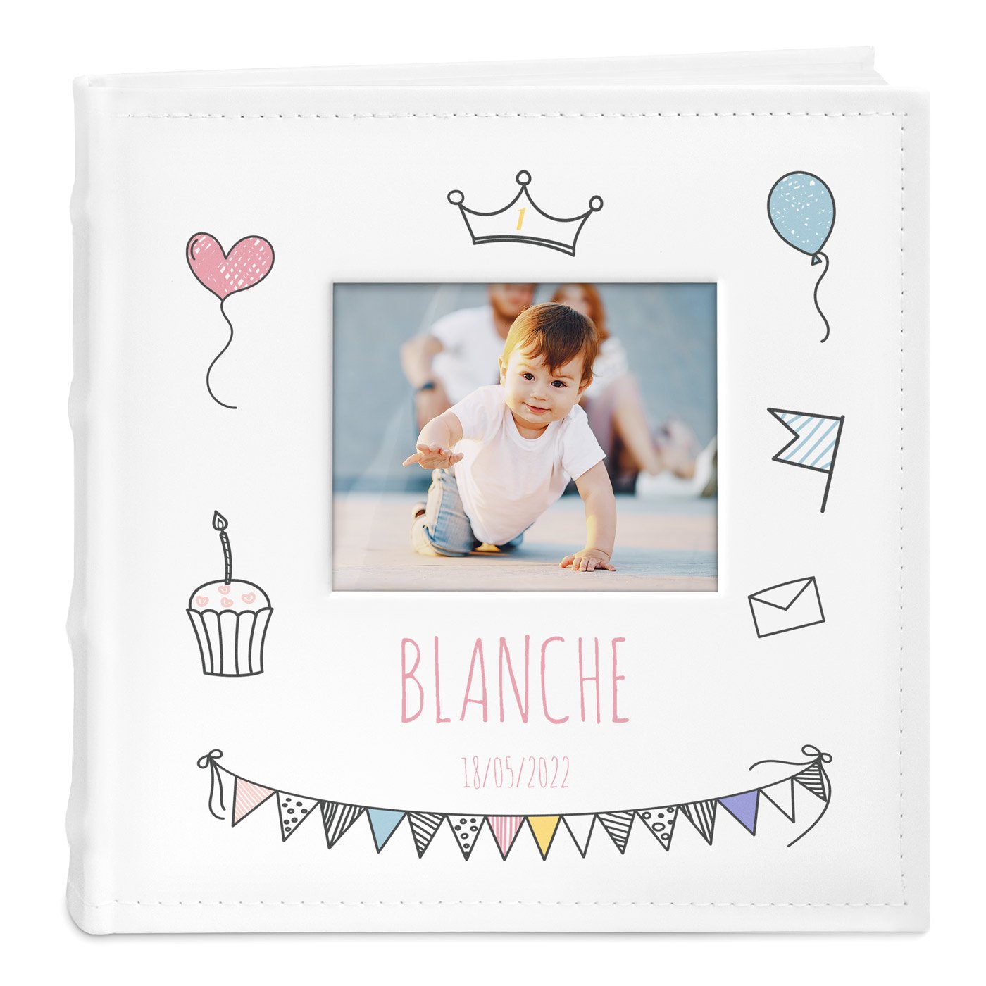 Album photo Murrano pour l'anniversaire de 1 an d'une fille avec fenêtre et impression personnalisée