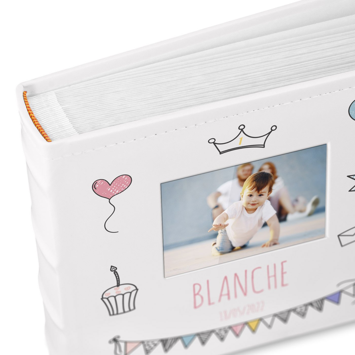 Album photo Murrano pour l'anniversaire de 1 an d'une fille avec fenêtre et impression personnalisée