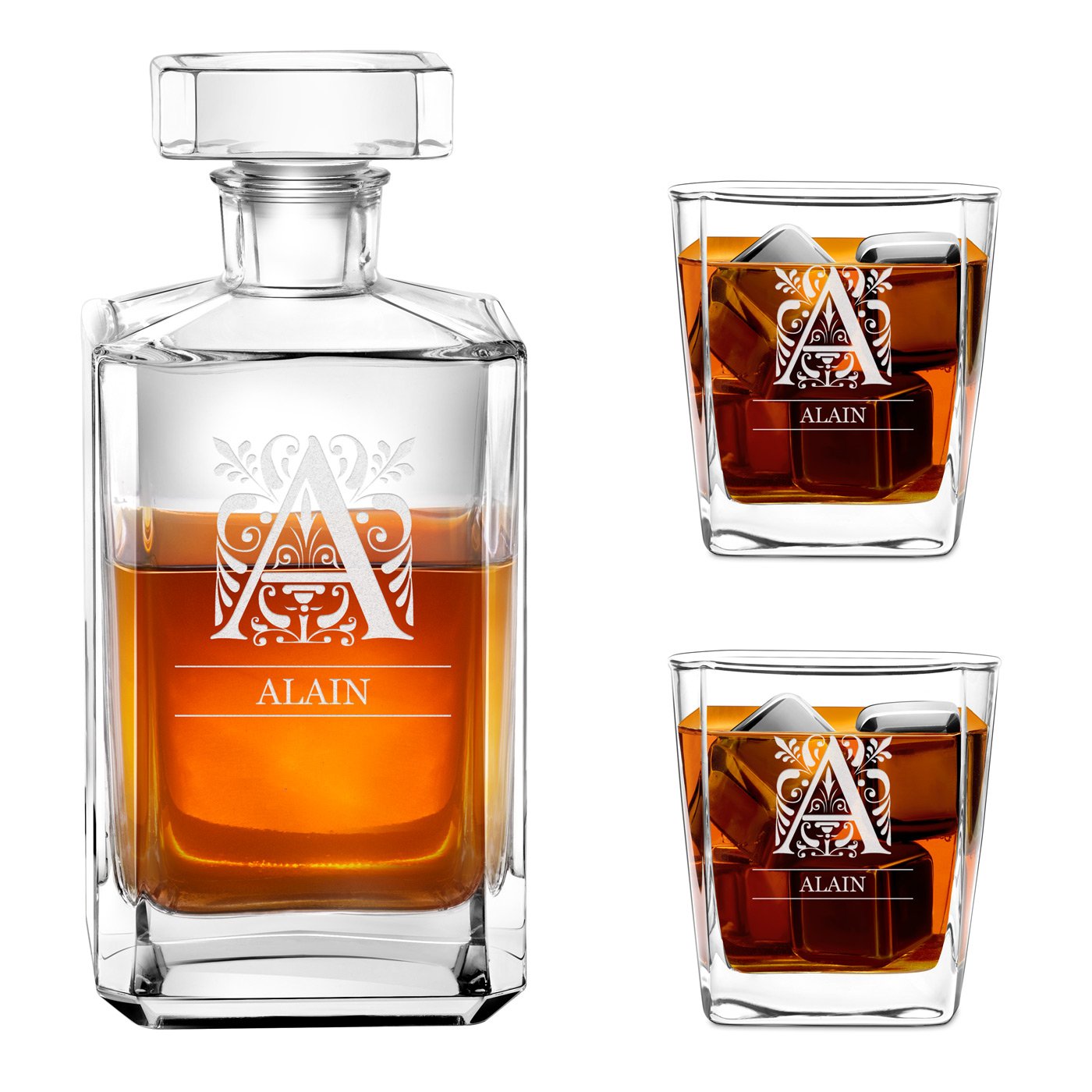 Carafa de bourbon y 2 vasos con grabado láser para caballeros