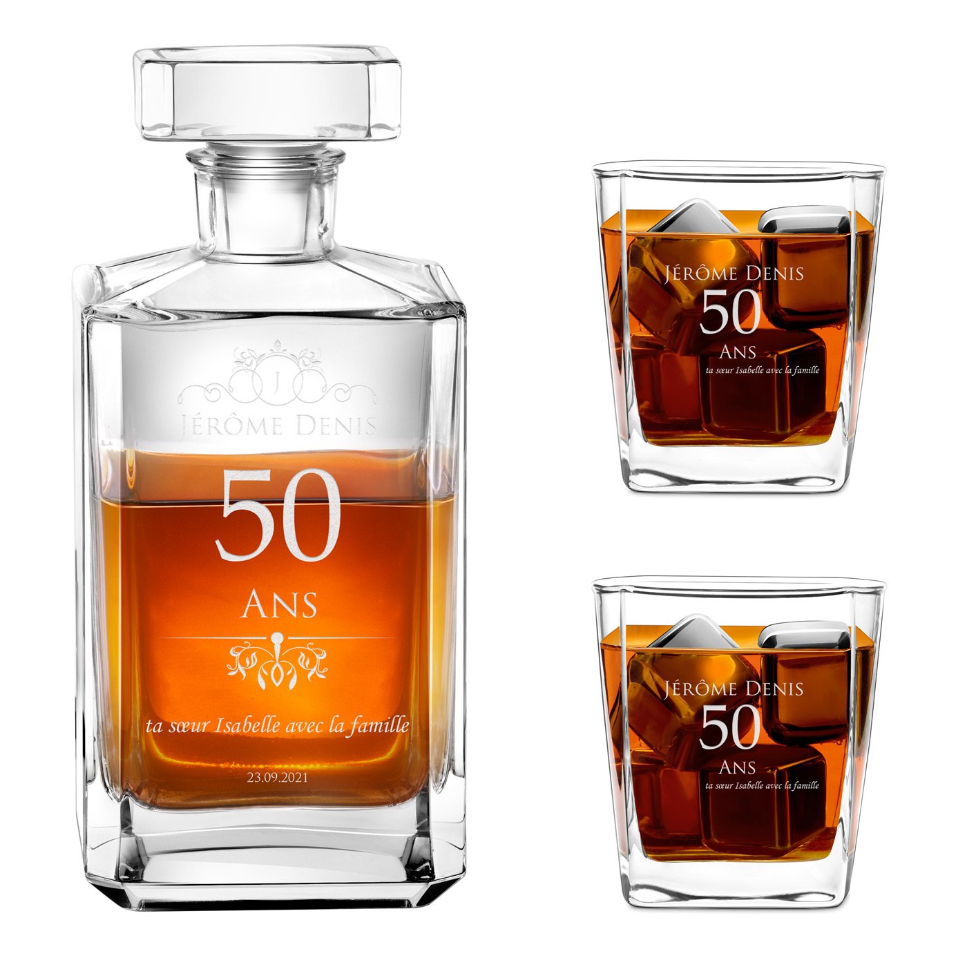 Decantador de bourbon y vasos con grabación láser para regalo de cumpleaños hombre 50 años