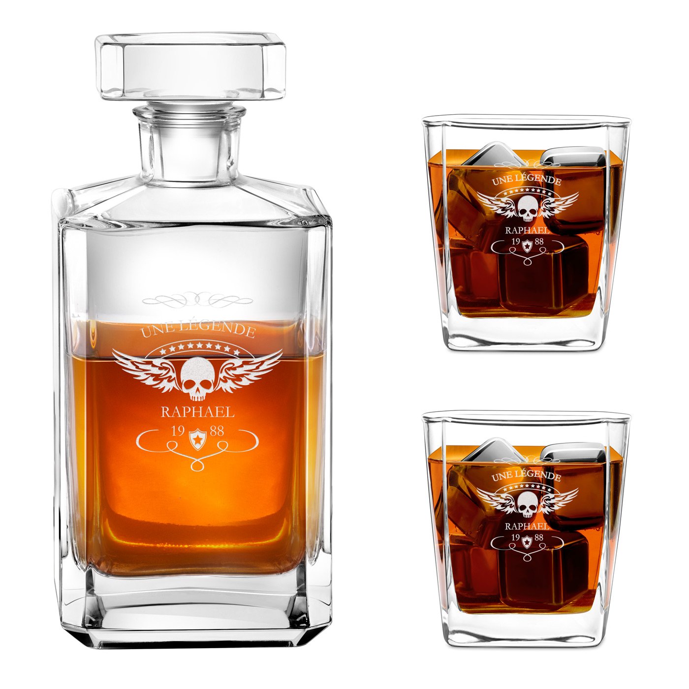 Set de decantador de whisky Murrano con 2 vasos y grabado láser para motociclistas