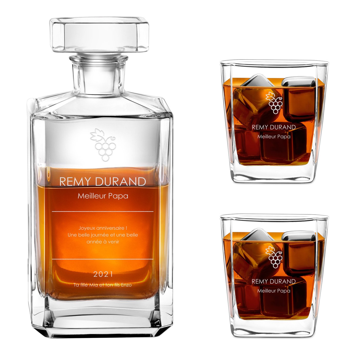 Carafa de bourbon y 2 vasos con grabado láser para el aniversario del padre