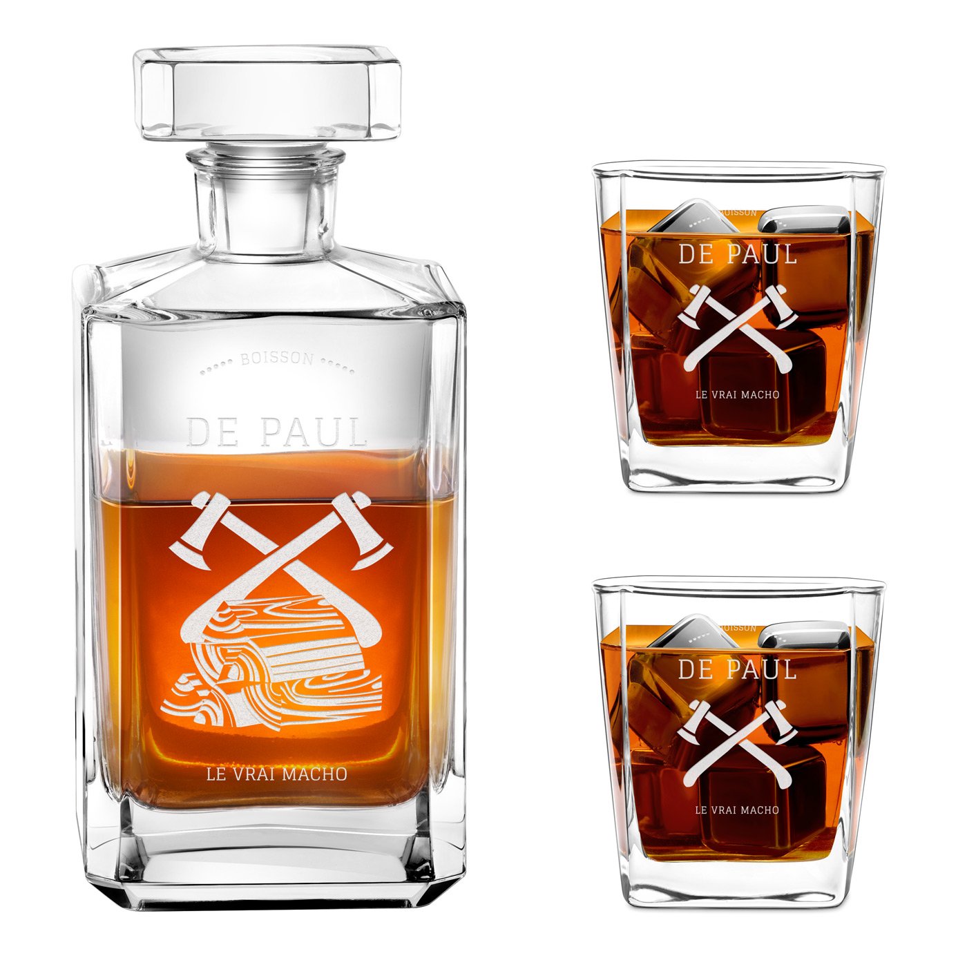 Jugo de whisky Bourbon Murrano y 2 vasos con grabado para señor