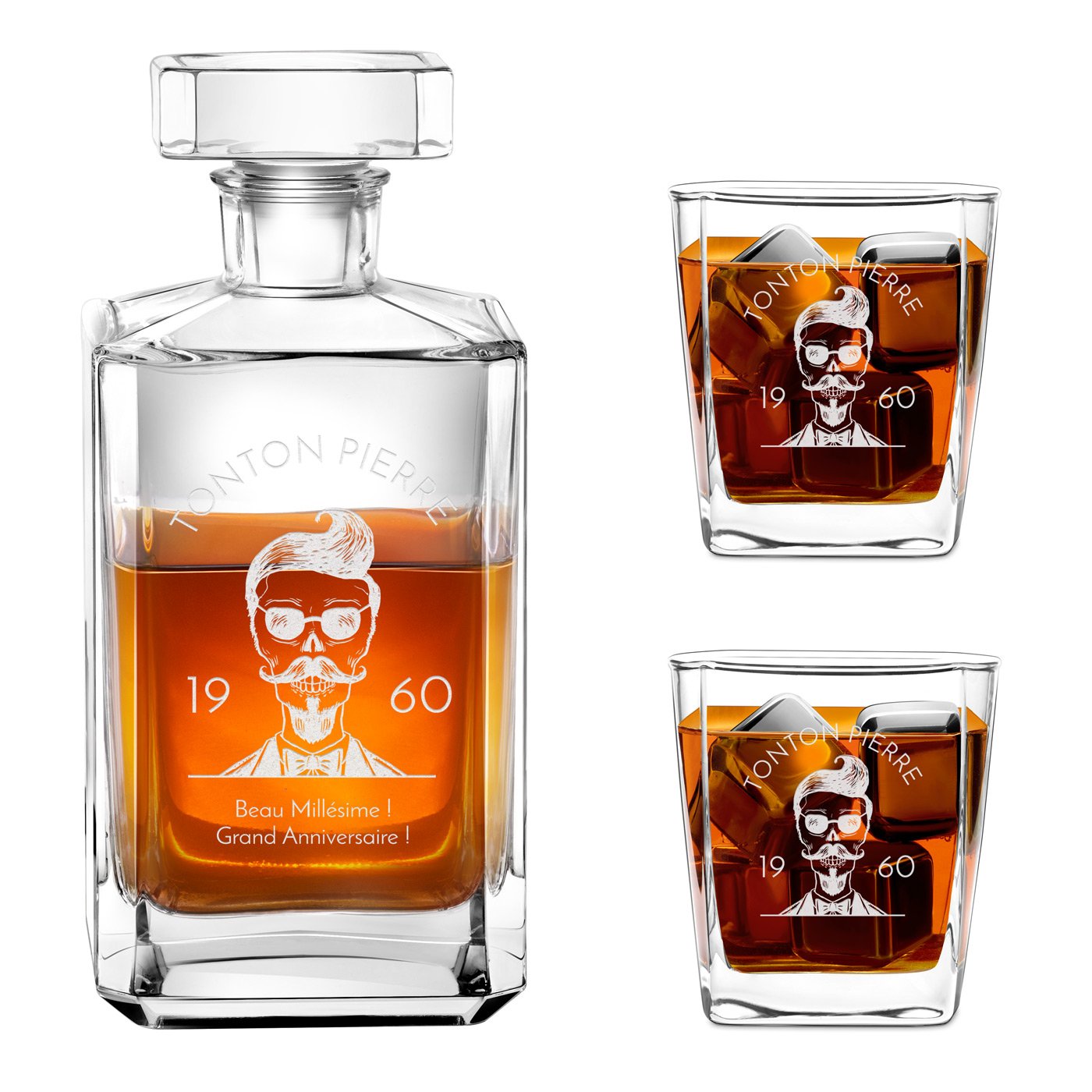 Conjunto de cáfara y vasos de bourbon con grabado para tío