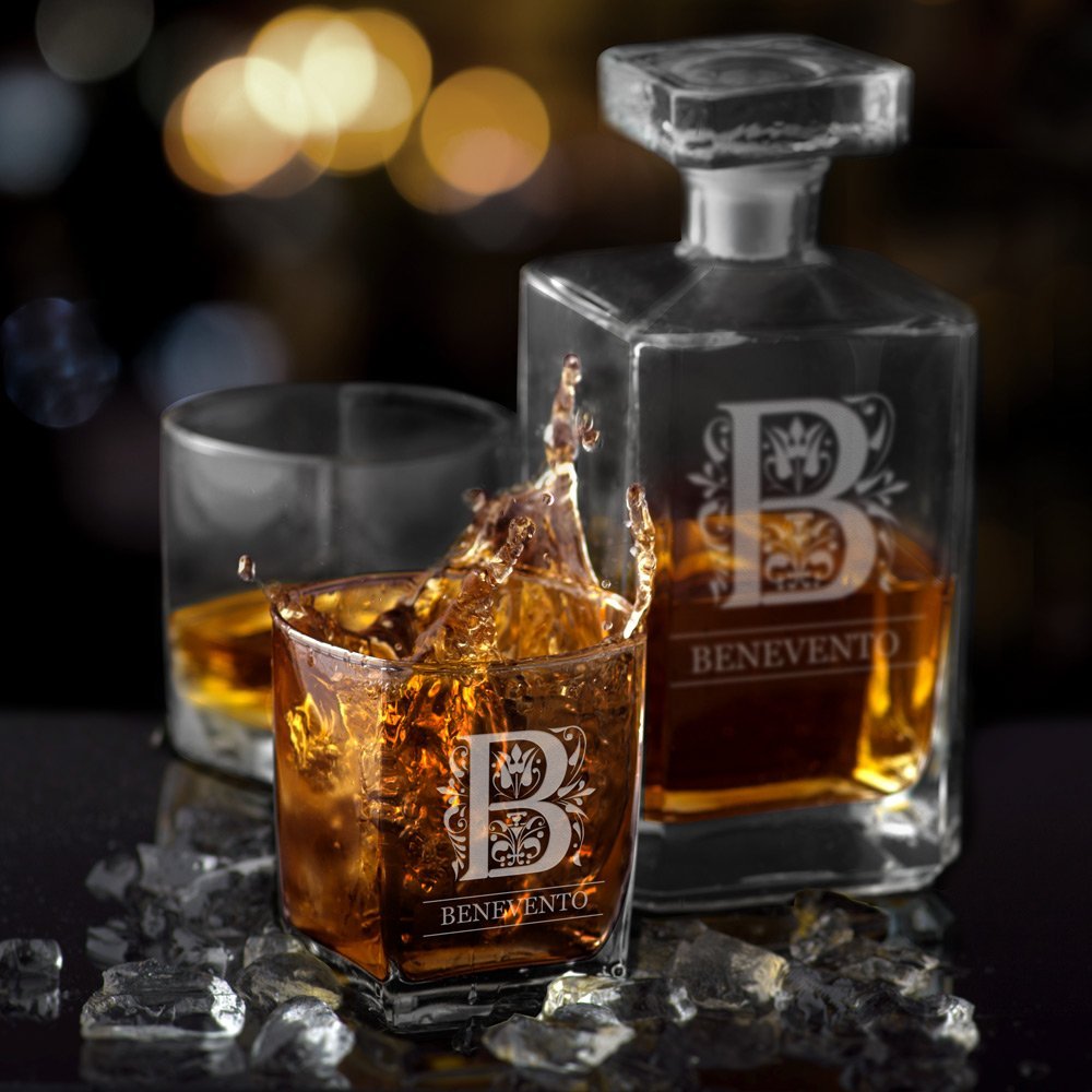 Decantador de whisky Bourbon Murrano y 2 vasos con grabado láser para mejor amigo