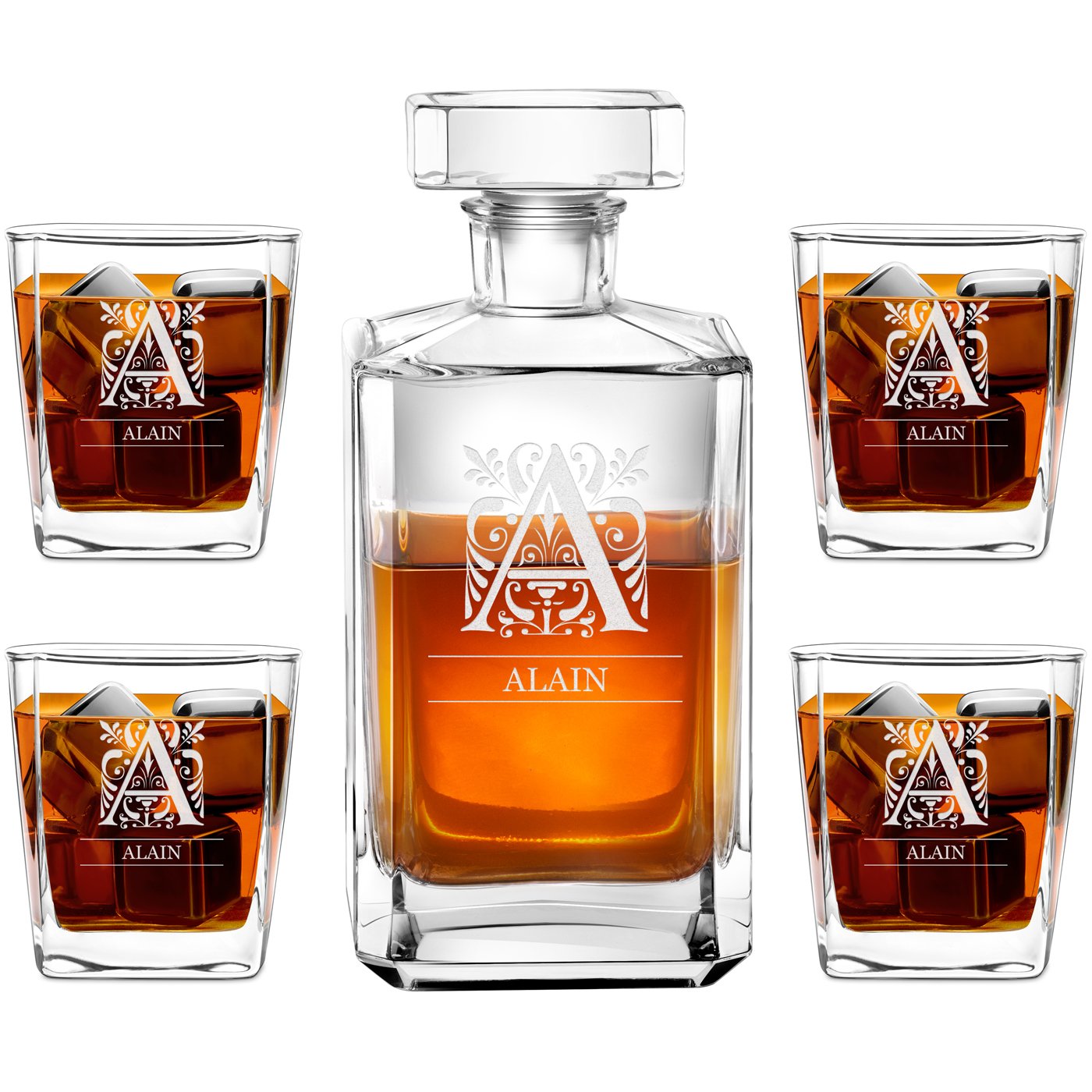 Jarra de whisky Bourbon Murrano y 4 vasos con grabado para caballero