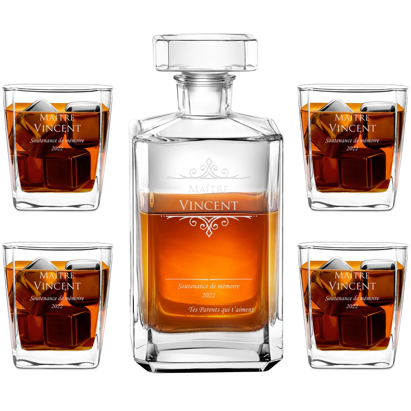 Carafe de bourbon y 4 vasos Murrano con grabado láser para graduados