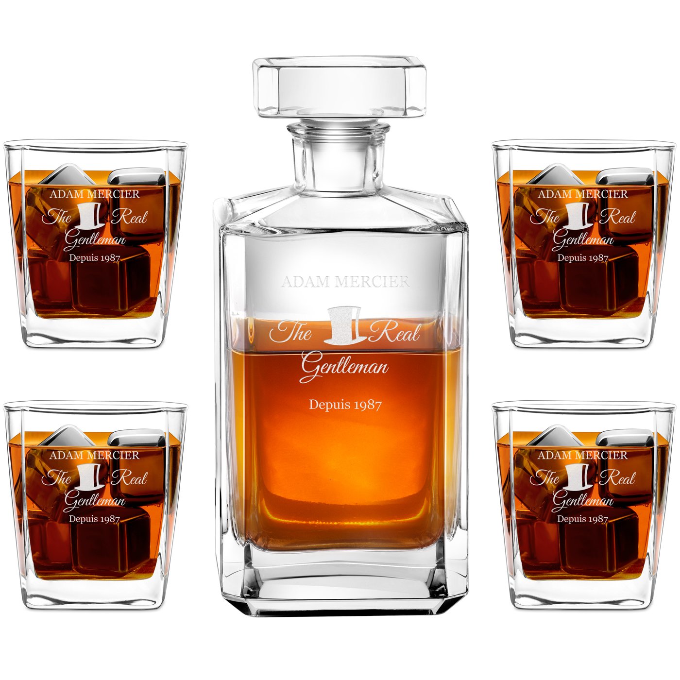 Carafe à whisky bourbon Murrano et 4 verres avec gravure pour homme