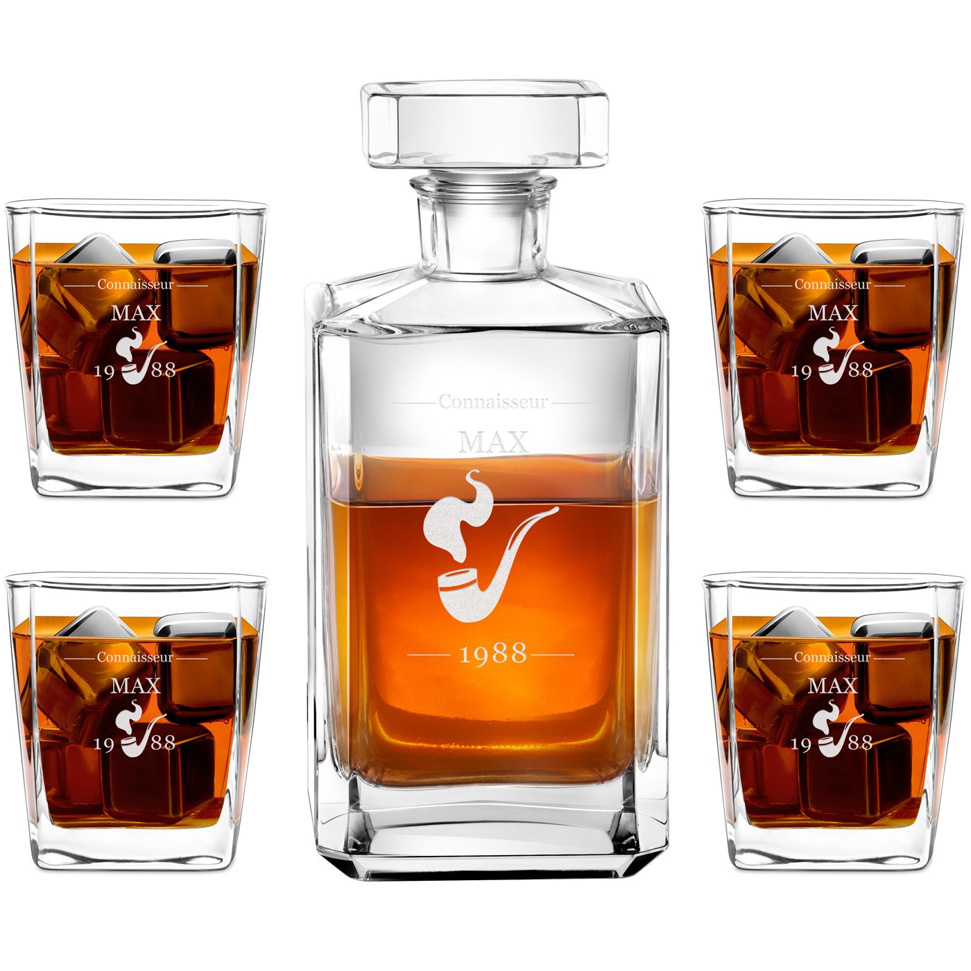 Murrano Bourbon Whisky Decanter and 4 Glasses with Engraving for Men's Birthday Gift