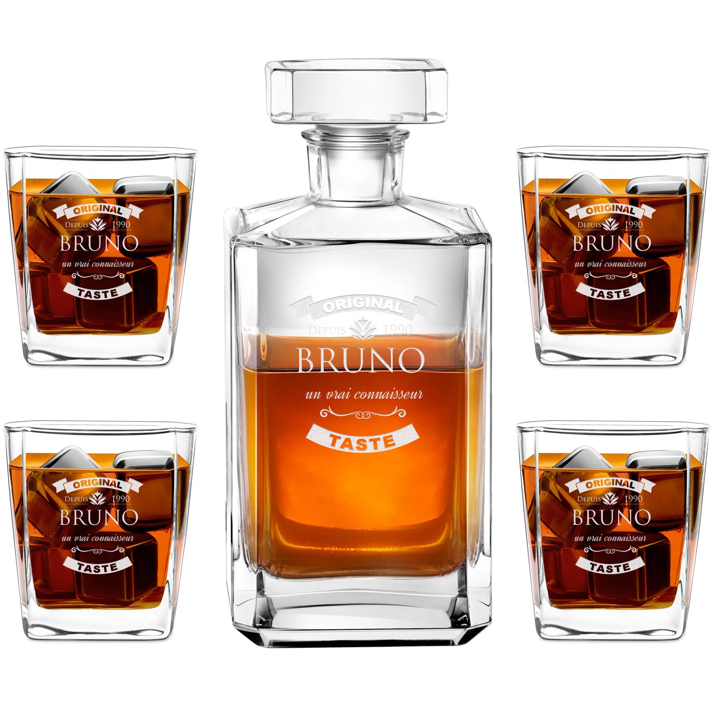 Carafe à whisky Bourbon Murrano et 4 verres avec gravure pour un connaisseur