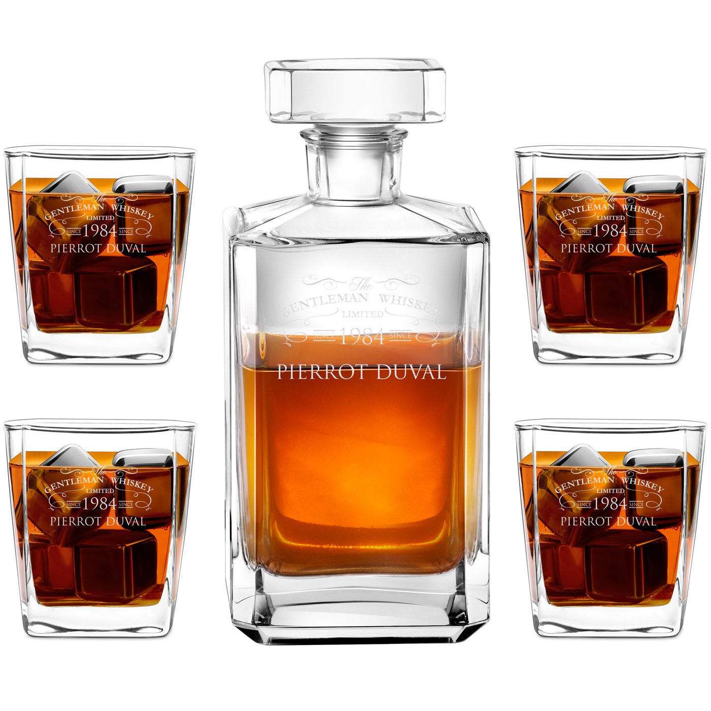 Carafe à whisky Bourbon Murrano et 4 verres avec gravure pour gentleman pour anniversaire