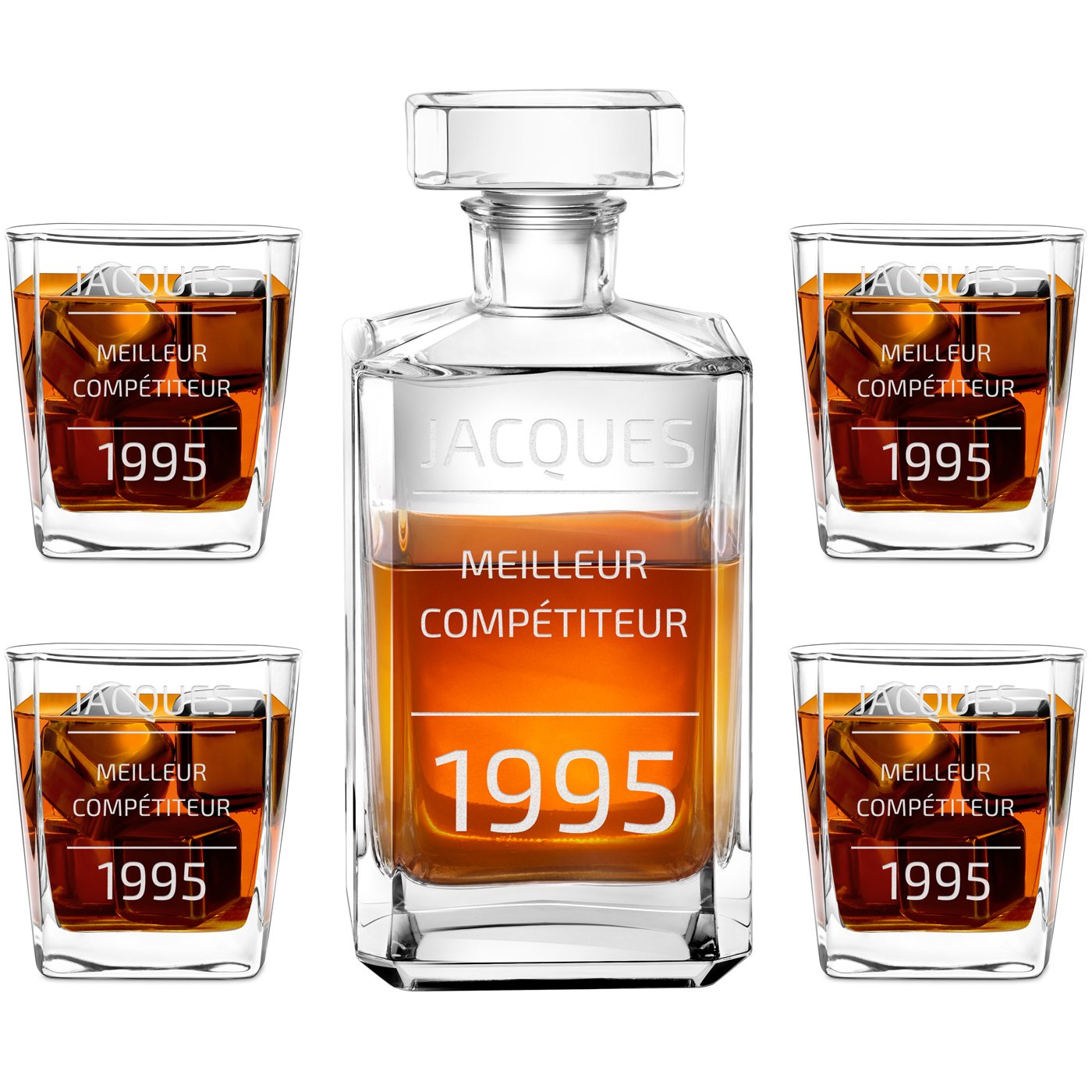 Decantador de bourbon y 4 vasos con grabado para el cumpleaños de un amigo
