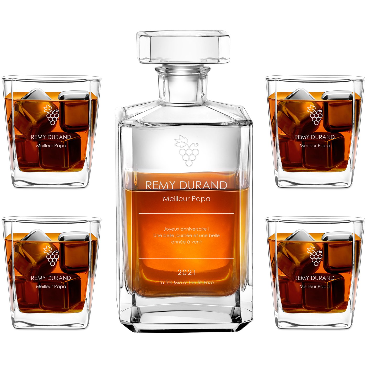 Carafe à whisky Bourbon Murrano et 4 verres gravés pour l'anniversaire de papa