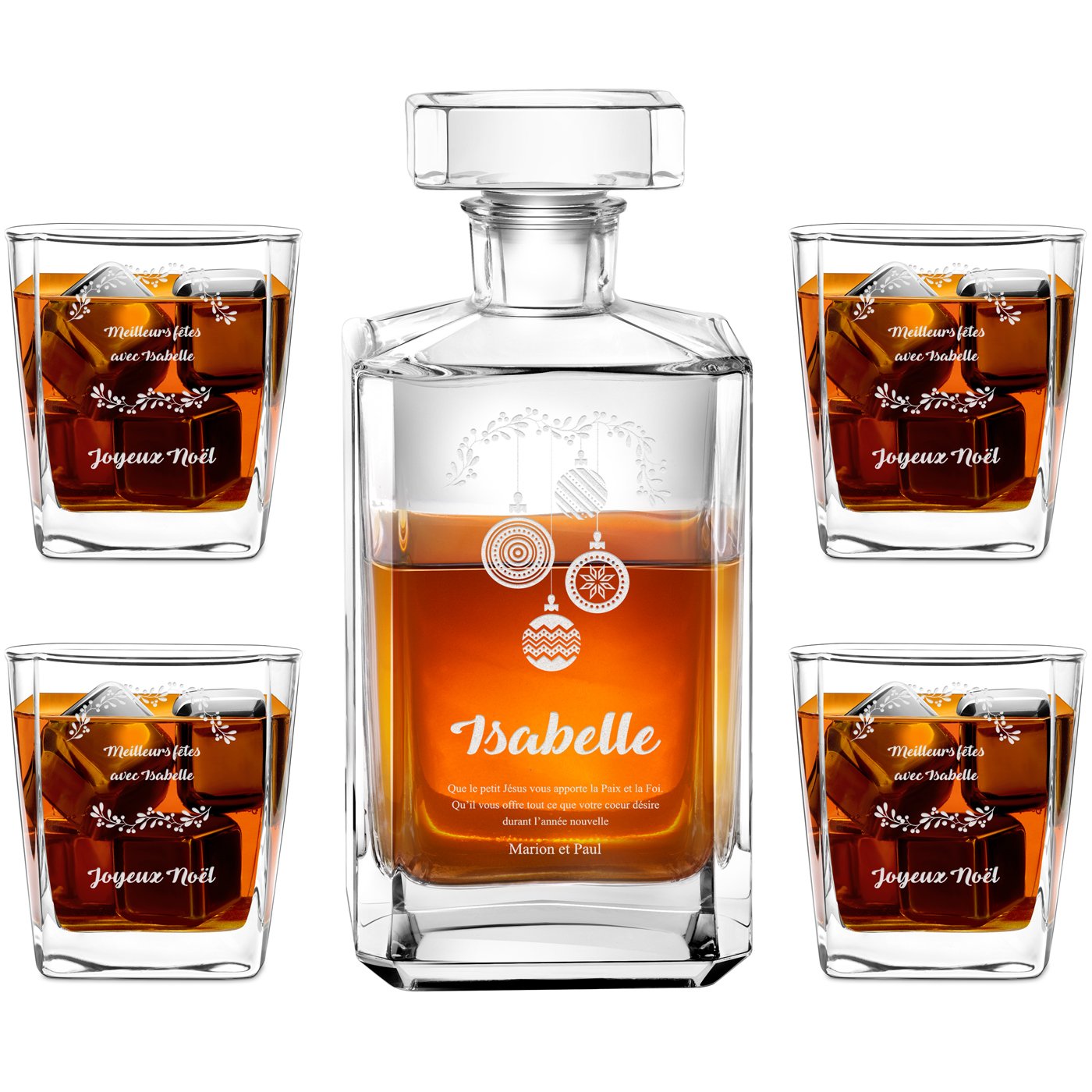 Caja de whisky Bourbon Murrano y 4 vasos con grabado para mujeres