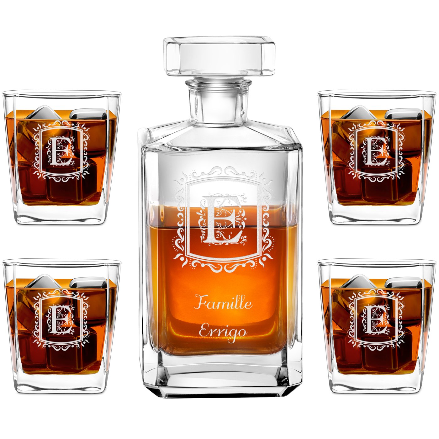 Carafe à whisky Bourbon Murrano et 4 verres gravés pour famille