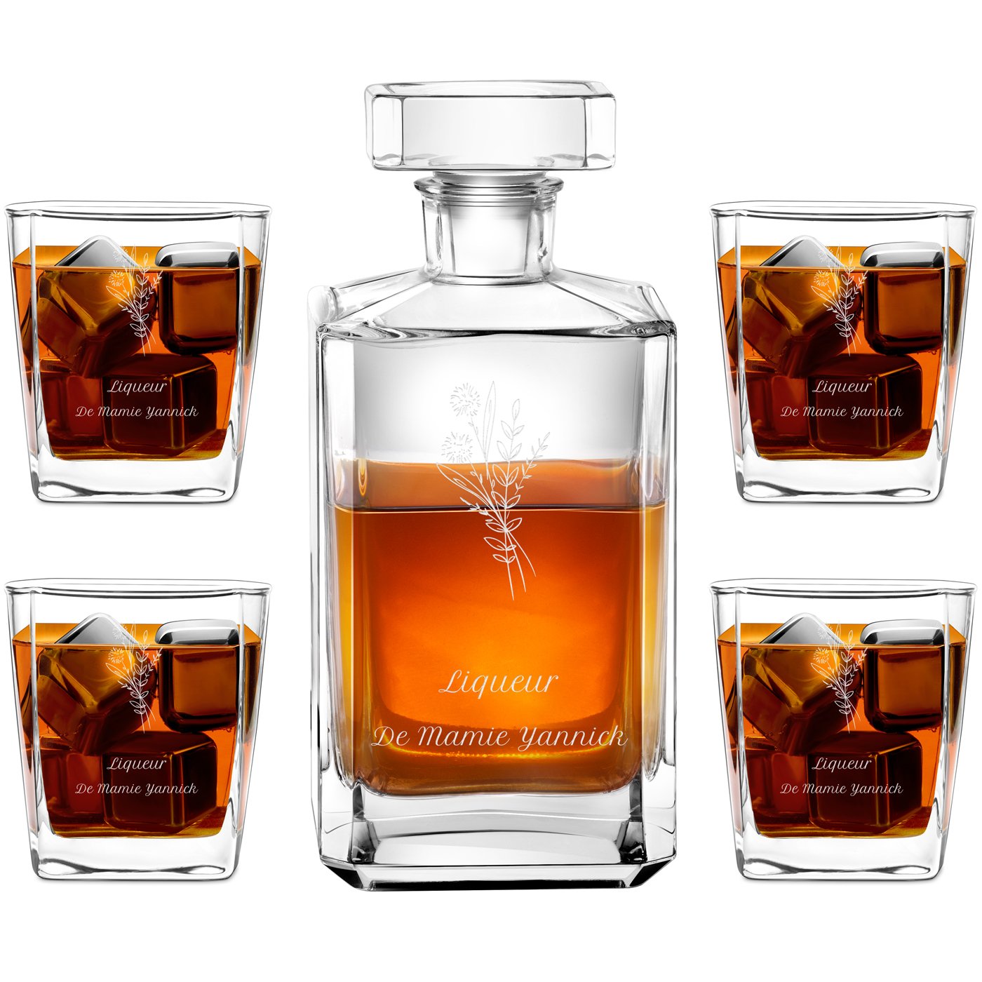 Jugo de whisky Bourbon Murrano y 4 vasos con grabado para la abuela