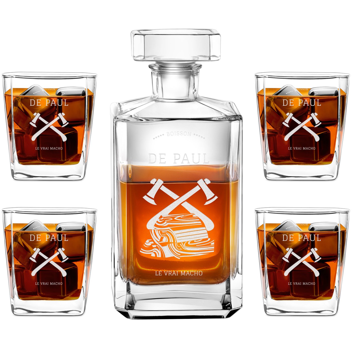 Carafa de whisky Bourbon Murrano y 4 vasos con grabado para señor