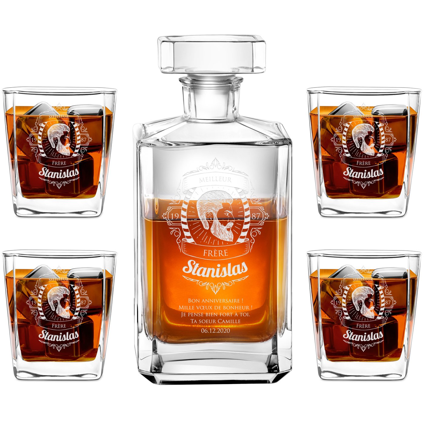 Set de vaso de whisky bourbon Murrano y copas personalizadas para hermano