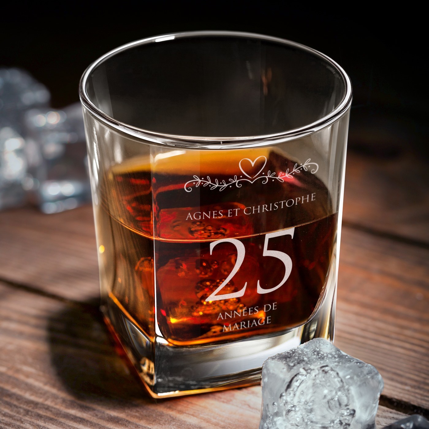 Set Murrano para pareja celebrando sus 25 años de matrimonio: Decantador de whisky con 2 vasos grabados a láser (700 ml)