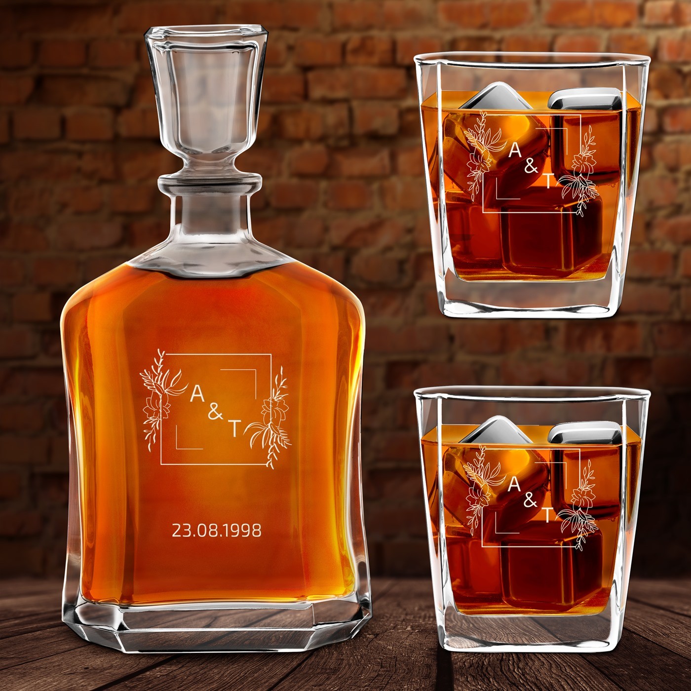 Set de decantador de whisky Murrano con vasos grabados personalizados