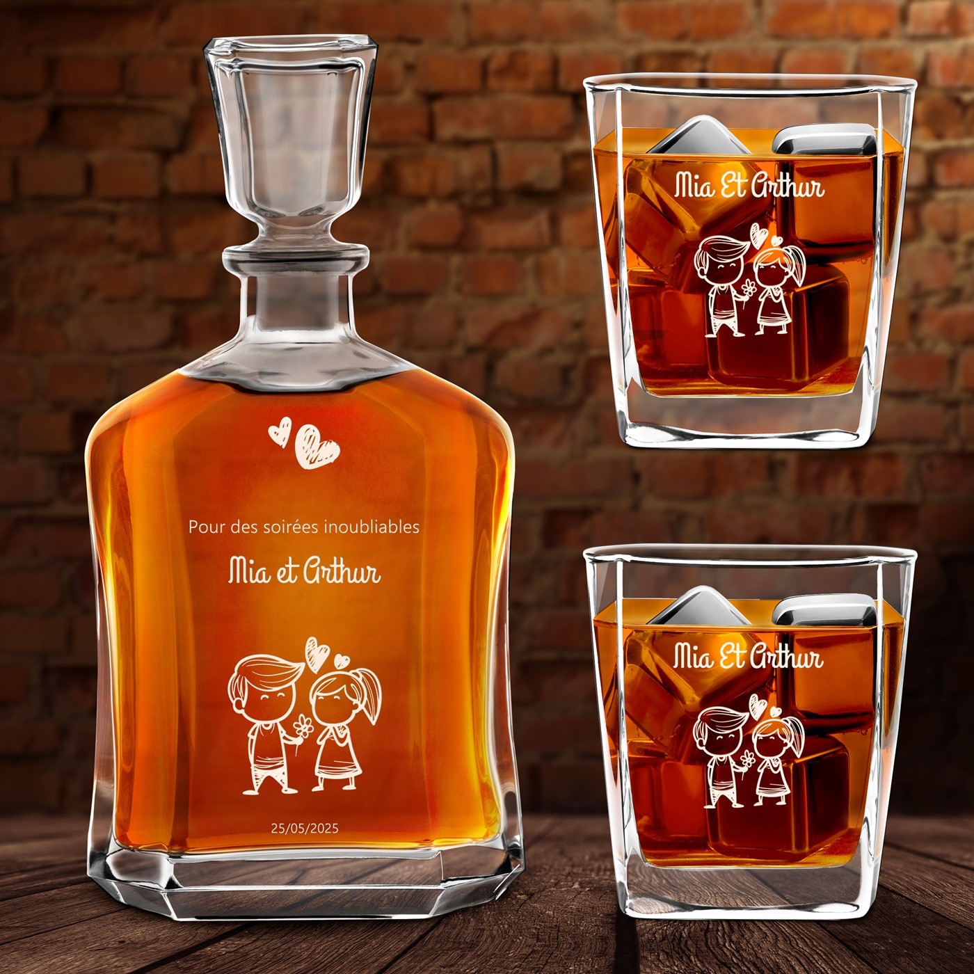 Set de decantador de whisky Murrano con vasos personalizados para parejas