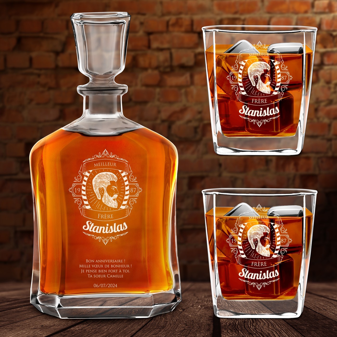 Set de decantador de whisky Murrano con grabado personalizado para hermano