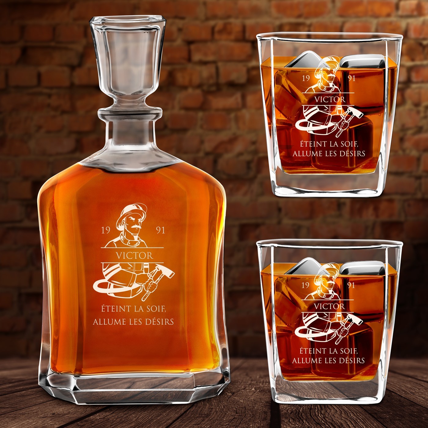 Set de decantador de whisky Murrano con grabado personalizado para un bombero
