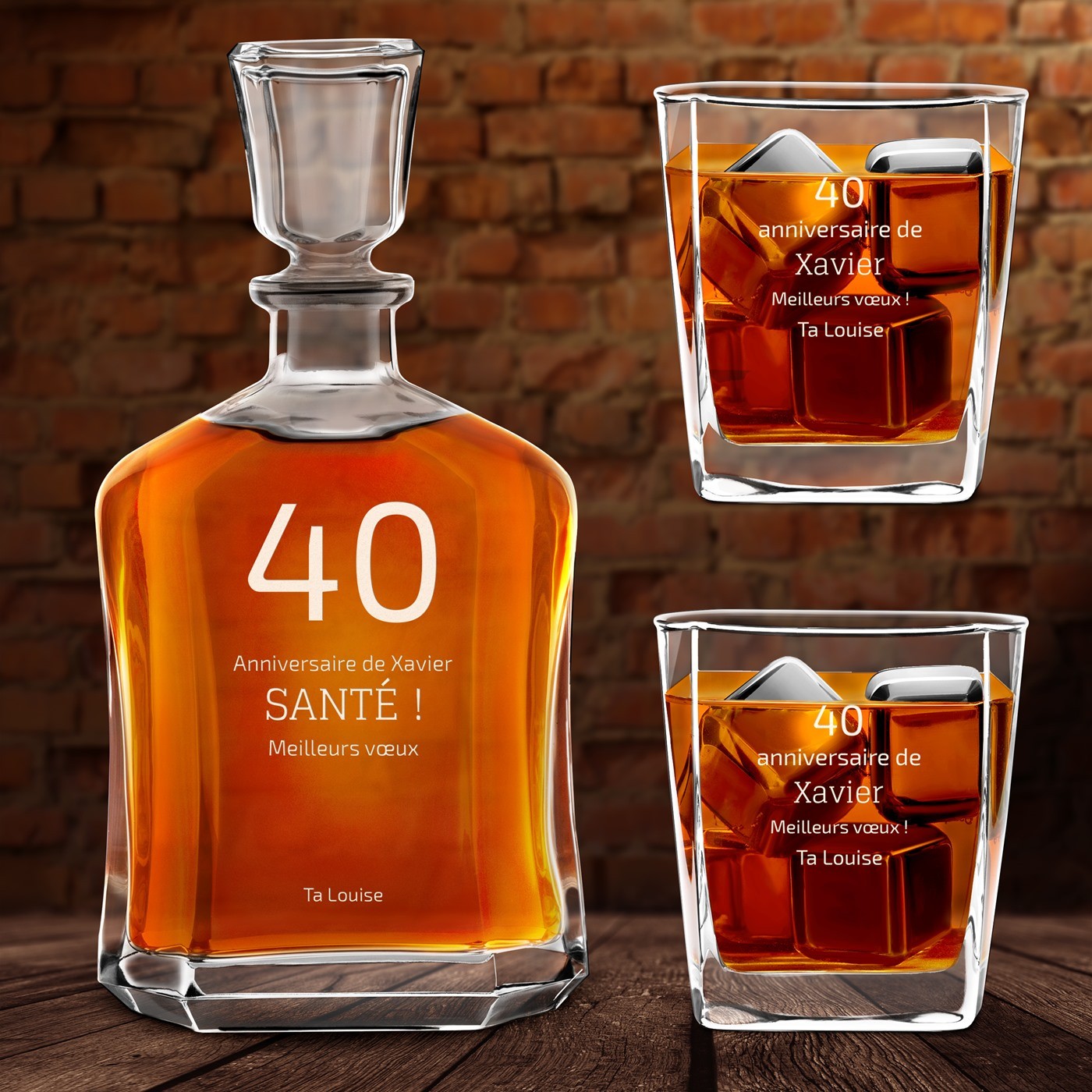 Set de decantador de whisky Murrano con vasos personalizados para un cumpleaños de 40 años masculino
